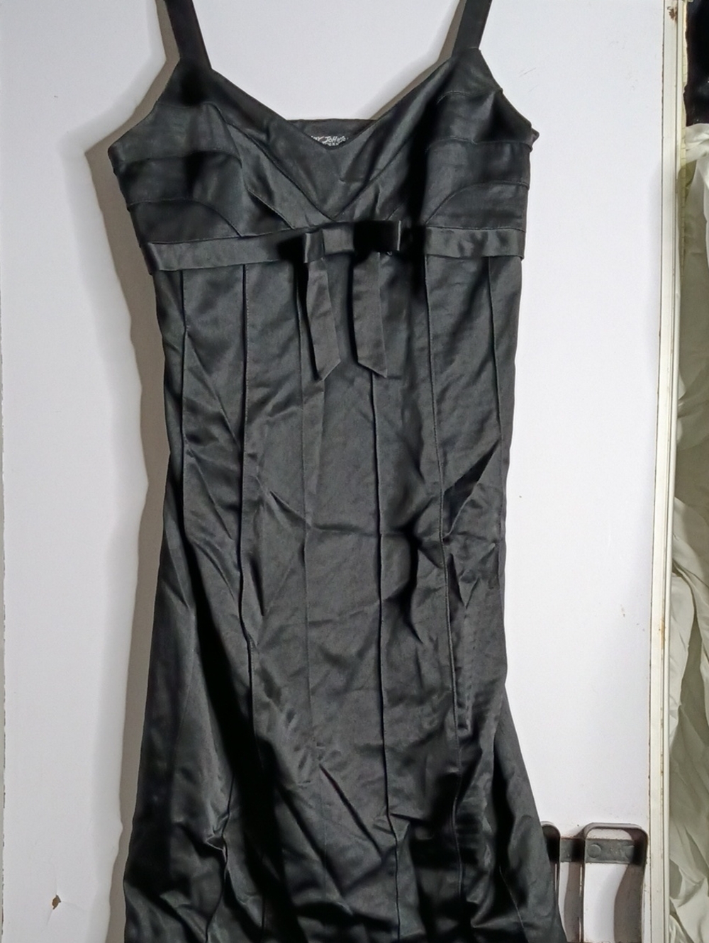 Betsey Johnson Black Satin Strapless-Style Dress with Front Bow Accent